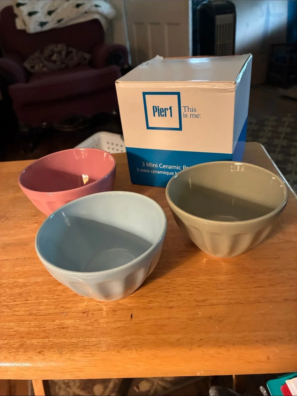 Pier 1 Ceramic Prep Bowls Trio - Pink, Light Blue, Grey-green
